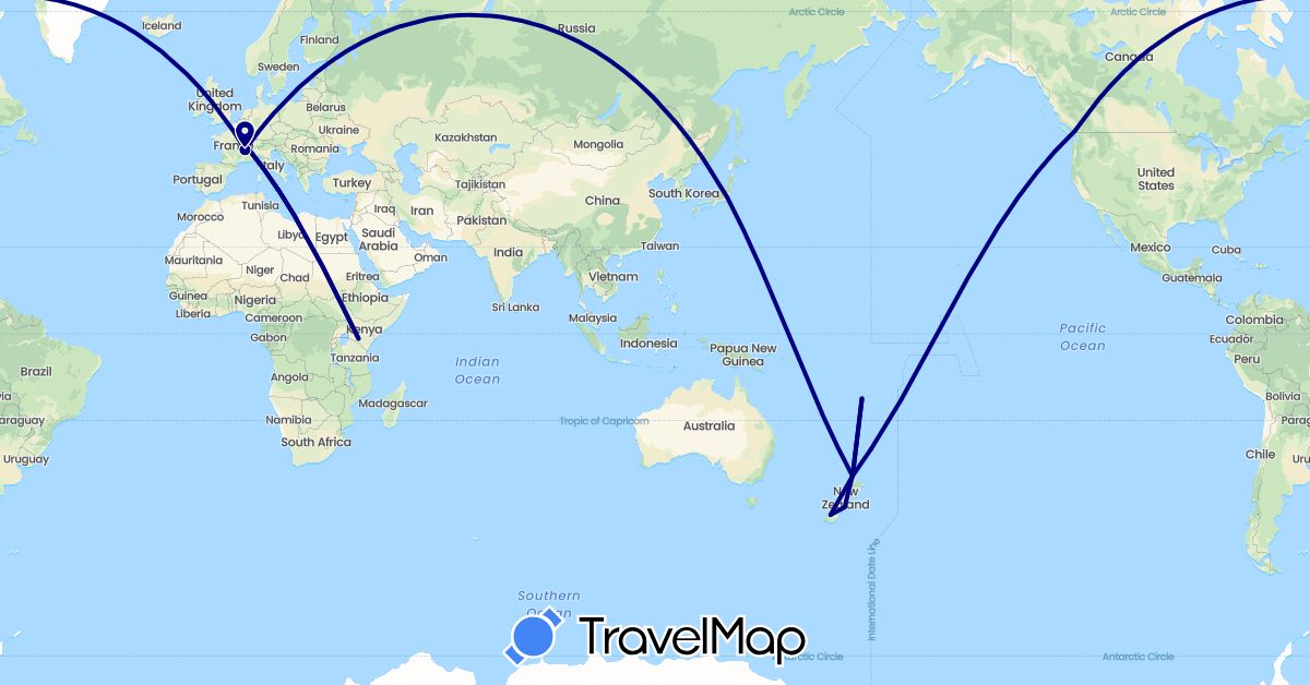 TravelMap itinerary: driving in Canada, Fiji, France, Japan, Kenya, New Zealand (Africa, Asia, Europe, North America, Oceania)